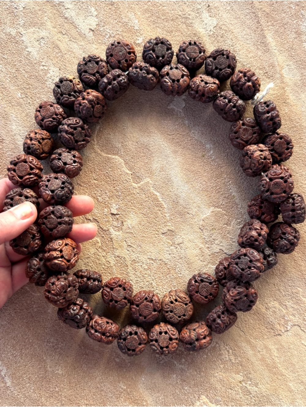 Vintage Chinese Shou Nut Bead Mala Strand Carved Teak Hedaio
